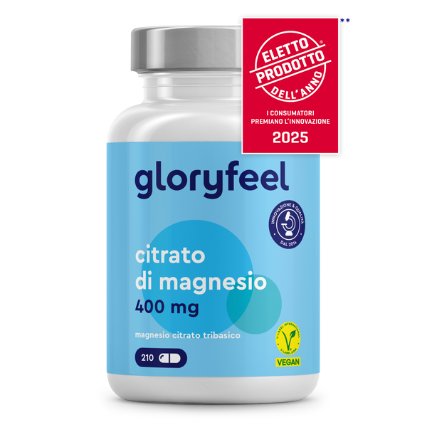 Una bottiglia di Magnesio Dicitrato in capsule di gloryfeel Italia contiene 210 capsule da 400 mg ciascuna. L&