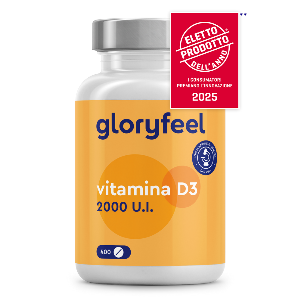 Vitamina D3 2000 U.I. di Gloryfeel Italia è contrassegnata dal badge rosso &quot;Prodotto dell&