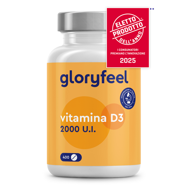 Vitamina D3 2000 U.I. di Gloryfeel Italia è contrassegnata dal badge rosso &quot;Prodotto dell&