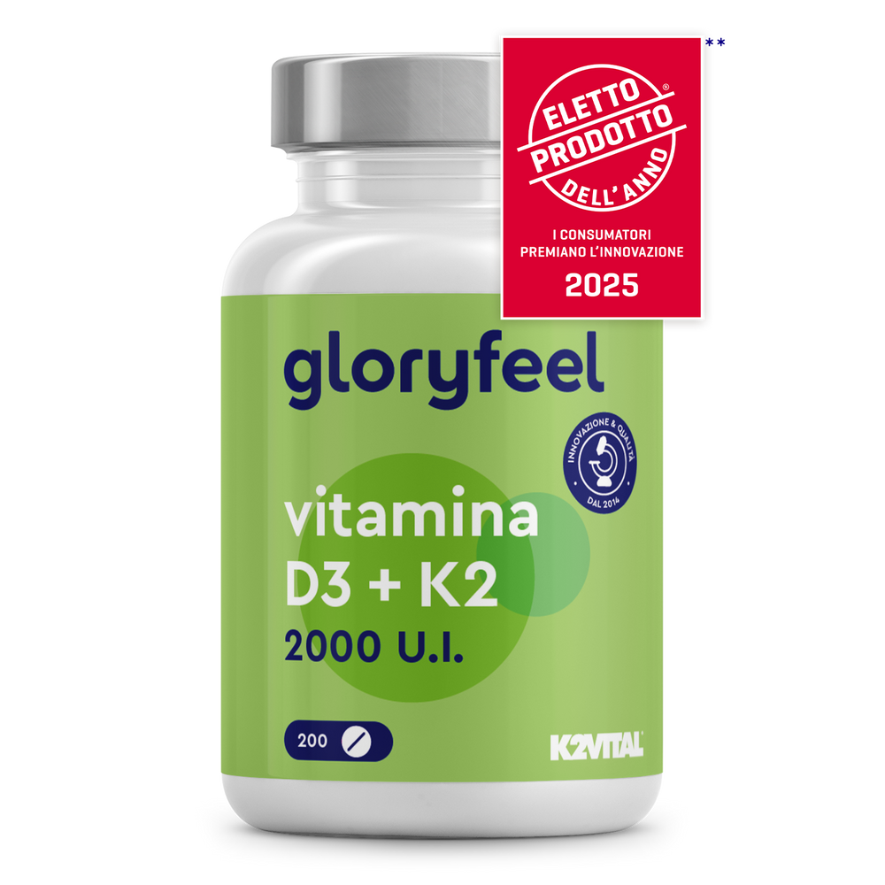 Una bottiglia di gloryfeel Italia Vitamina D3 K2 2000 UI con un&