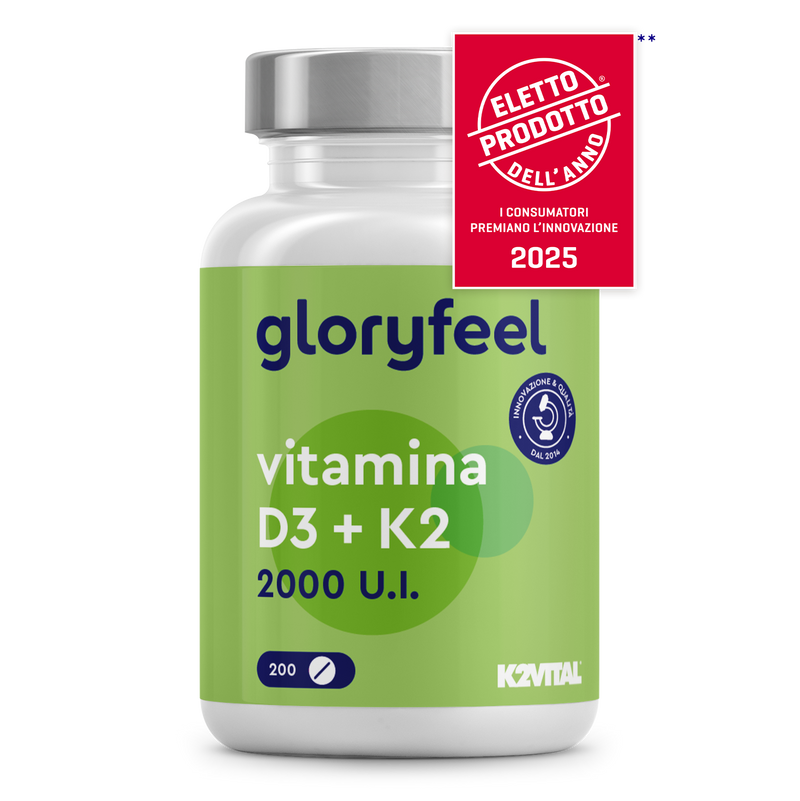 Una bottiglia di gloryfeel Italia Vitamina D3 K2 2000 UI con un&