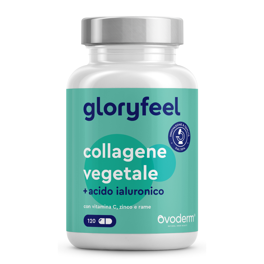 Flacone di &quot;Collagene Veggie&quot; di GloryFeel GmbH Italia, contenente collagene vegetale, acido ialuronico, vitamina C, zinco e rame. Contiene 120 capsule in un&