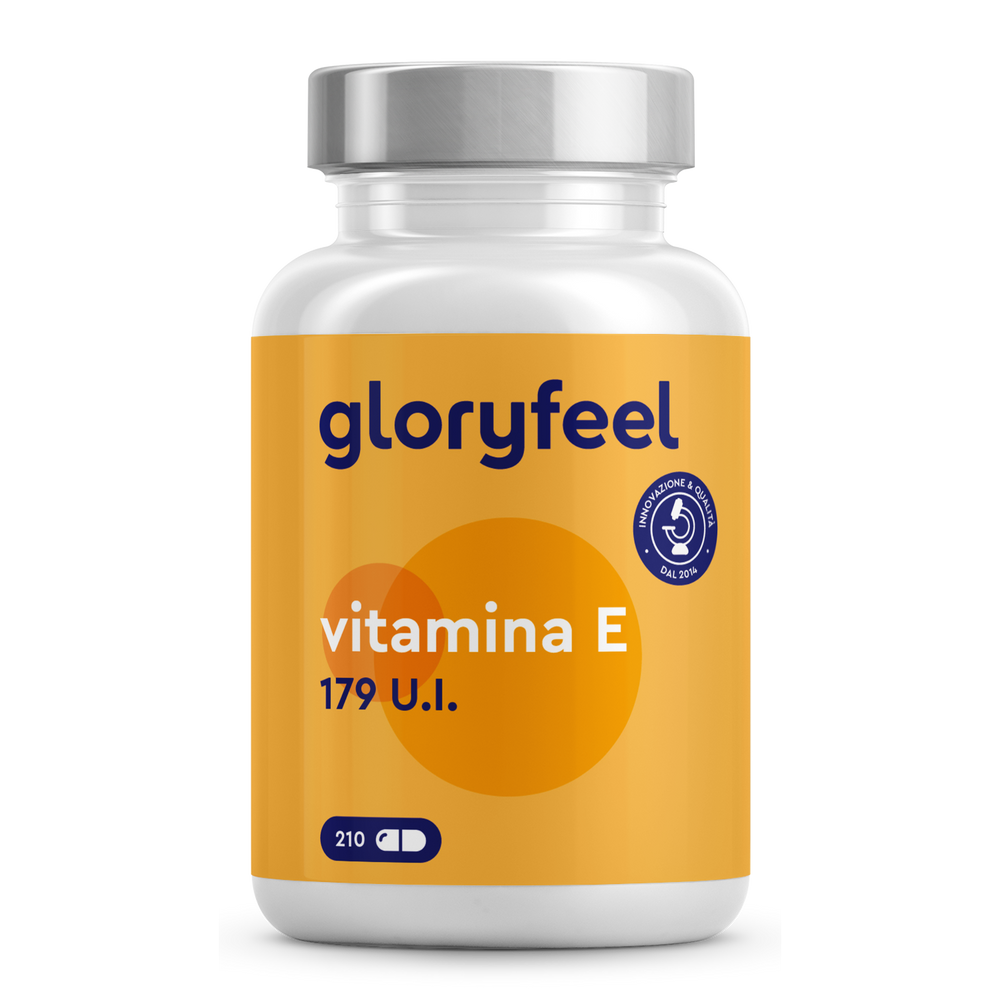 Un flacone di Gloryfeel Italia Vitamina E in capsule softgel, etichettato con &quot;179 U.I.&quot; e contenente 210 capsule.