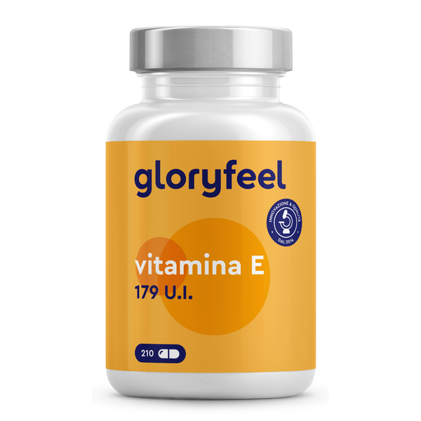 Un flacone di Gloryfeel Italia Vitamina E in capsule softgel, etichettato con &quot;179 U.I.&quot; e contenente 210 capsule.