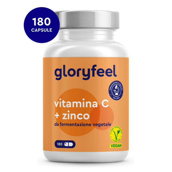 Una bottiglia di Vitamina C e zinco di GloryFeel GmbH Italia, contenente 180 capsule vegane.