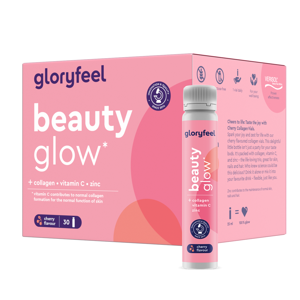 Una scatola e una bottiglia di Beauty glow - Fiale di collagene al gusto ciliegia di Gloryfeel Italia, con collagene, vitamina C e zinco, che apporta benefici alla salute della pelle.
