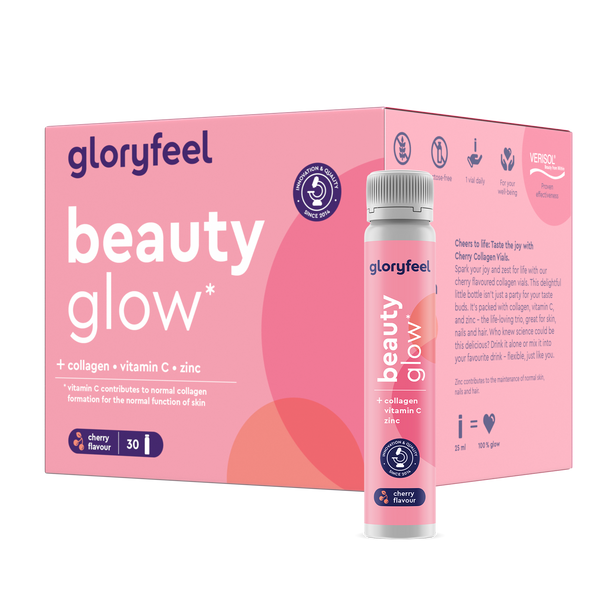 Una scatola e una bottiglia di Beauty glow - Fiale di collagene al gusto ciliegia di Gloryfeel Italia, con collagene, vitamina C e zinco, che apporta benefici alla salute della pelle.
