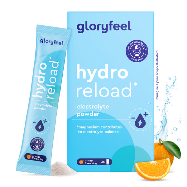 Una scatola e una bustina di gloryfeel Italia Elettroliti al gusto arancia con polvere aromatizzata all&