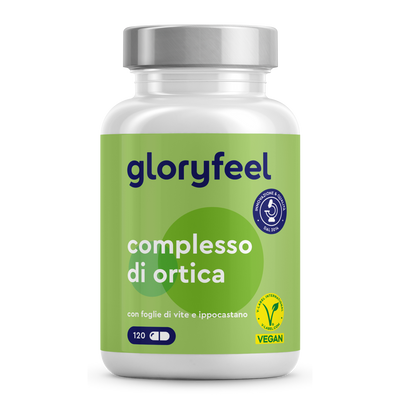 Una confezione dell'integratore gloryfeel Italia "Capsule di Ortica" con 120 capsule vegane, con estratti di vite e ippocastano.