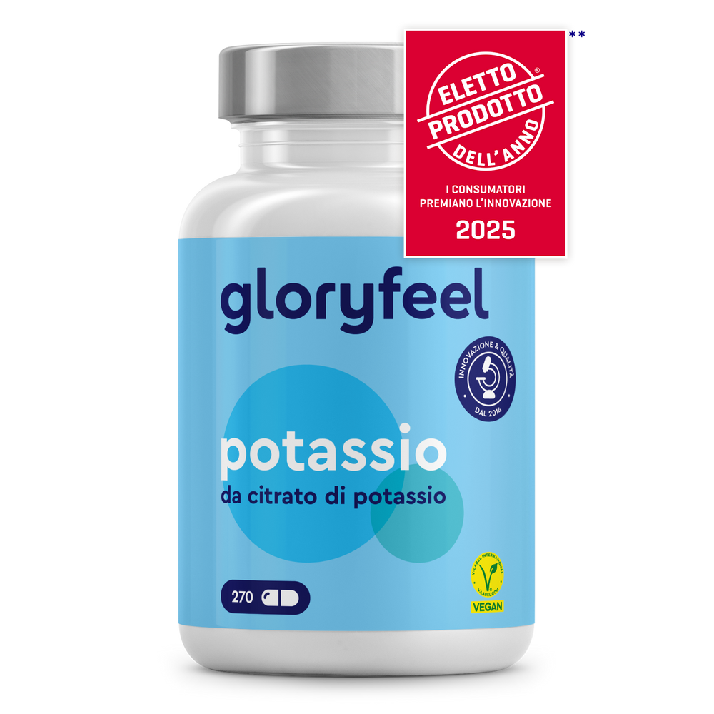 Una bottiglia &quot;gloryfeel Italia Potassio in capsule&quot; da 270 conteggi vanta una formula &quot;alto dosaggio&quot;, caratterizzata da un logo vegano e dallo stimato distintivo del premio &quot;Eletto Prodotto dell&