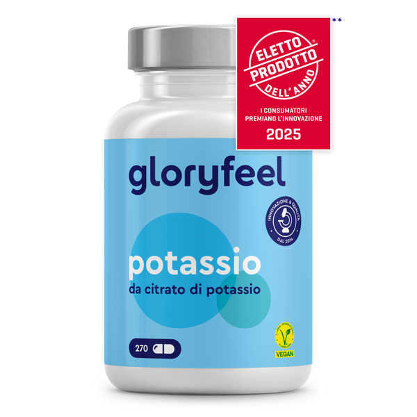 Una bottiglia &quot;gloryfeel Italia Potassio in capsule&quot; da 270 conteggi vanta una formula &quot;alto dosaggio&quot;, caratterizzata da un logo vegano e dallo stimato distintivo del premio &quot;Eletto Prodotto dell&