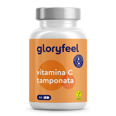 Una bottiglia bianca con l'etichetta "gloryfeel Italia Capsule di Vitamina C Tamponata" e un'etichetta arancione, con le icone di certificazione vegana e di qualità, contiene 365 compresse.