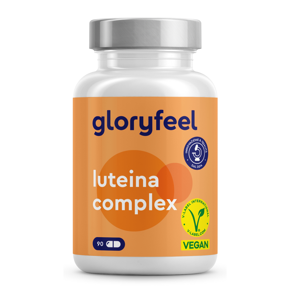 Una bottiglia di Capsule di Luteina di GloryFeel GmbH Italia, contenente 90 capsule vegane, reca i simboli di garanzia della qualità e di certificazione vegana.
