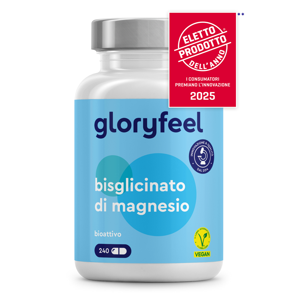 Una bottiglia di Bisglicinato di magnesio di gloryfeel Italia, contrassegnata dal distintivo Prodotto dell&