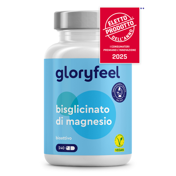 Una bottiglia di Bisglicinato di magnesio di gloryfeel Italia, contrassegnata dal distintivo Prodotto dell&