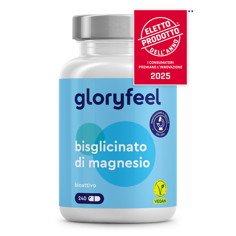 Una bottiglia di Bisglicinato di magnesio di gloryfeel Italia, contrassegnata dal distintivo Prodotto dell&