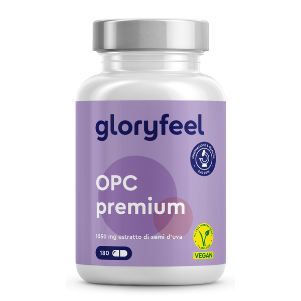 La capsula OPC Premium 180 di GloryFeel GmbH Italia, ricca di potenti antiossidanti, contiene 180 capsule vegane per il benessere.