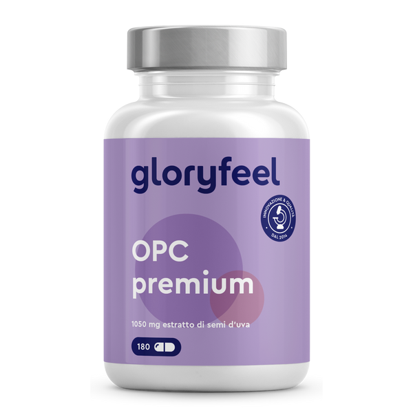 Un flacone di integratore alimentare OPC Premium 180 capsule di GloryFeel GmbH con etichetta di lavanda, ogni capsula contiene 1050 mg di estratto di semi d&