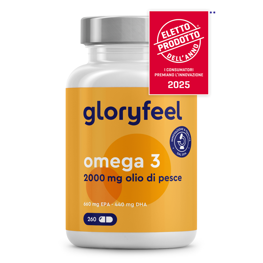 Una bottiglia di gloryfeel Italia Omega 3 - 66/44 in capsule, 2000 mg, 260 capsule, presenta un&