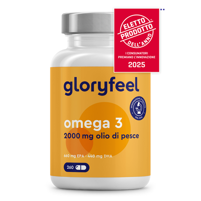 Una bottiglia di gloryfeel Italia Omega 3 - 66/44 in capsule, 2000 mg, 260 capsule, presenta un'etichetta rossa "Prodotto dell'Anno 2025".