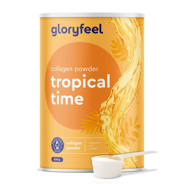 Un contenitore di Collagene in polvere - Tropical Time di gloryfeel Italia con un misurino di polvere davanti. La confezione mette in risalto collagene, vitamina C, zinco e rame.