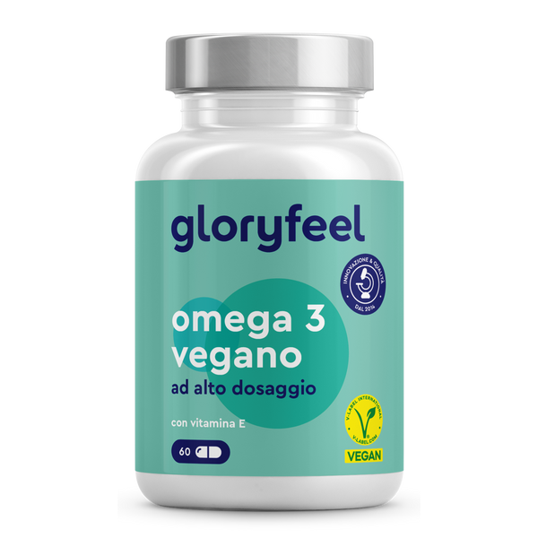 Flacone di gloryfeel Italia Omega 3 vegan + vitamina E, integratore ad alto dosaggio, 60 capsule, vegan con simboli di certificazione su sfondo chiaro.
