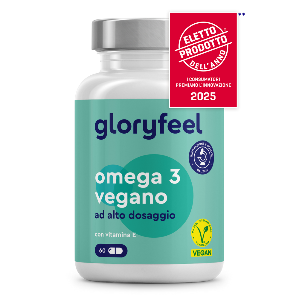 Un flacone da 60 capsule di gloryfeel Italia Omega 3 vegan + vitamina E, certificato vegano e premiato come &quot;Prodotto dell&