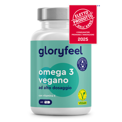Un flacone da 60 capsule di gloryfeel Italia Omega 3 vegan + vitamina E, certificato vegano e premiato come "Prodotto dell'anno 2025".