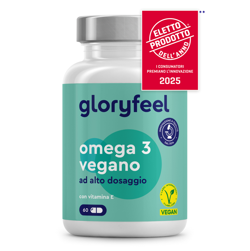 Un flacone da 60 capsule di gloryfeel Italia Omega 3 vegan + vitamina E, certificato vegano e premiato come "Prodotto dell&