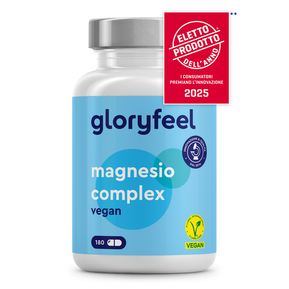 Una bottiglia di gloryfeel Italia Magnesio Complex con etichetta rossa &quot;Prodotto dell&