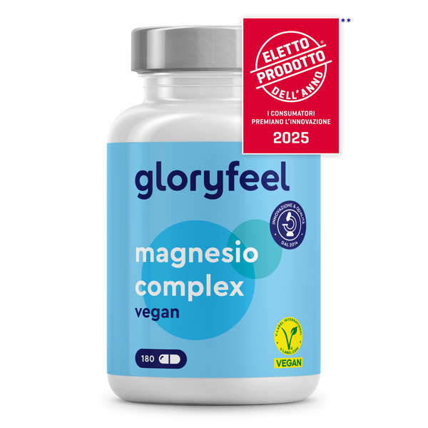 Una bottiglia di gloryfeel Italia Magnesio Complex con etichetta rossa &quot;Prodotto dell&
