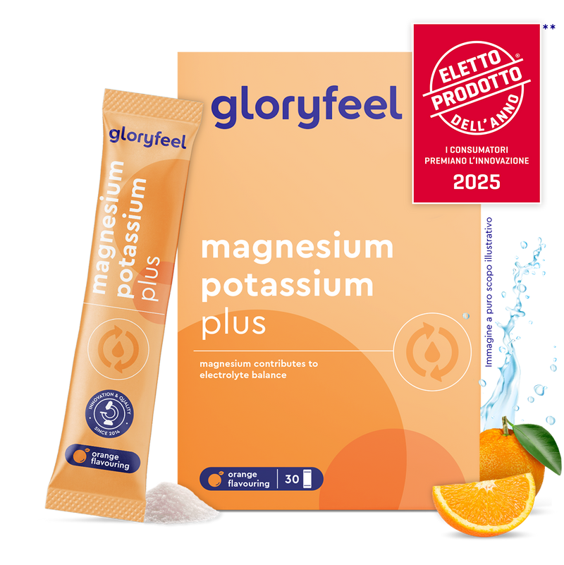 Gloryfeel Italia Magnesio e potassio in bustine al gusto arancia scatola con una bustina, sale, una fetta d&