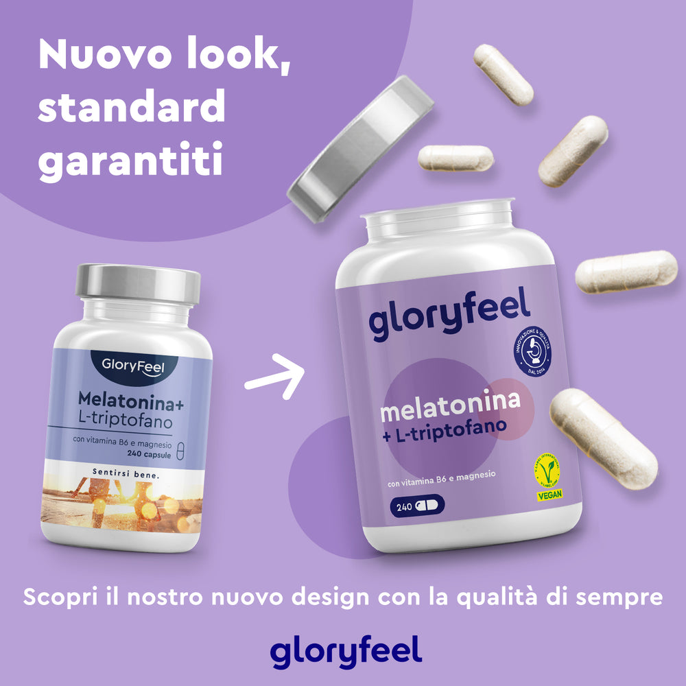 Due nuove eleganti bottiglie di &quot;Melatonina + L-triptofano&quot; di GloryFeel GmbH Italy presentano capsule e testo in italiano. Come integratore del sonno, garantisce notti di riposo con la sua miscela perfetta di Melatonina e Triptofano.