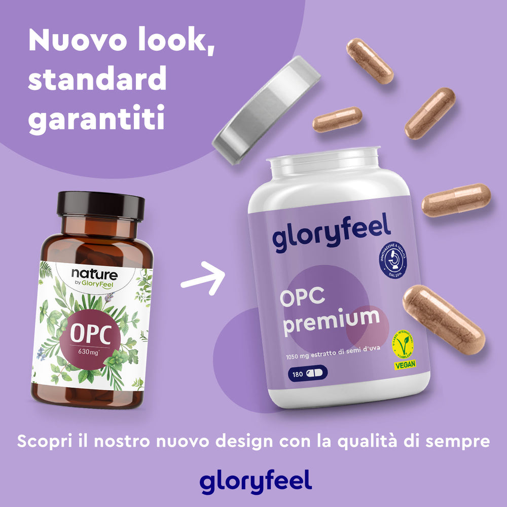 Sono esposte due bottiglie di integratori alimentari: &quot;Nature OPC&quot; a sinistra e &quot;OPC Premium 180 capsule&quot; di GloryFeel GmbH Italia a destra. Le capsule sparse accennano a un nuovo design con estratto di semi d&