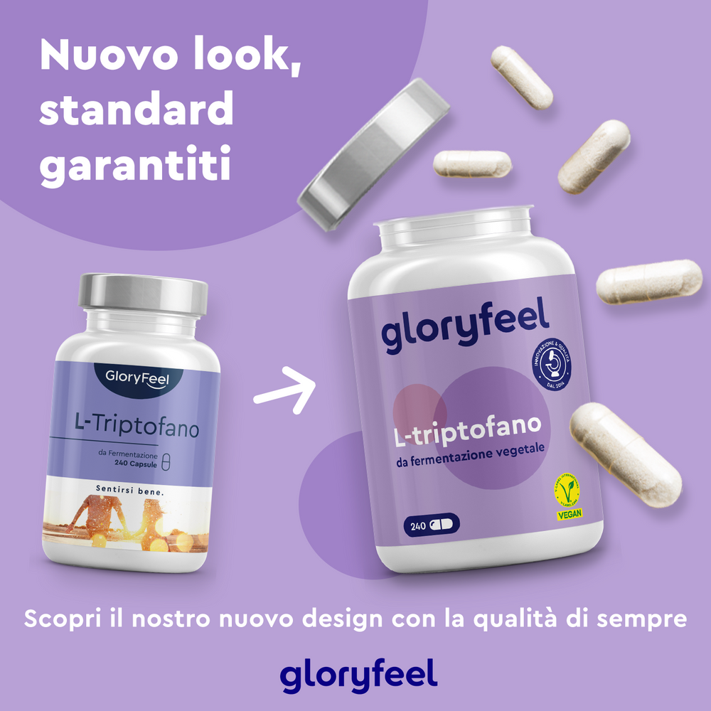 Sono mostrate due bottiglie di L-Triptofano di GloryFeel GmbH Italia: un design più vecchio a sinistra e una nuova versione vegan-friendly a destra, che enfatizza uno *stile di vita sano*. Il testo in italiano evidenzia questo aggiornamento con capsule e dettagli sulla confezione.