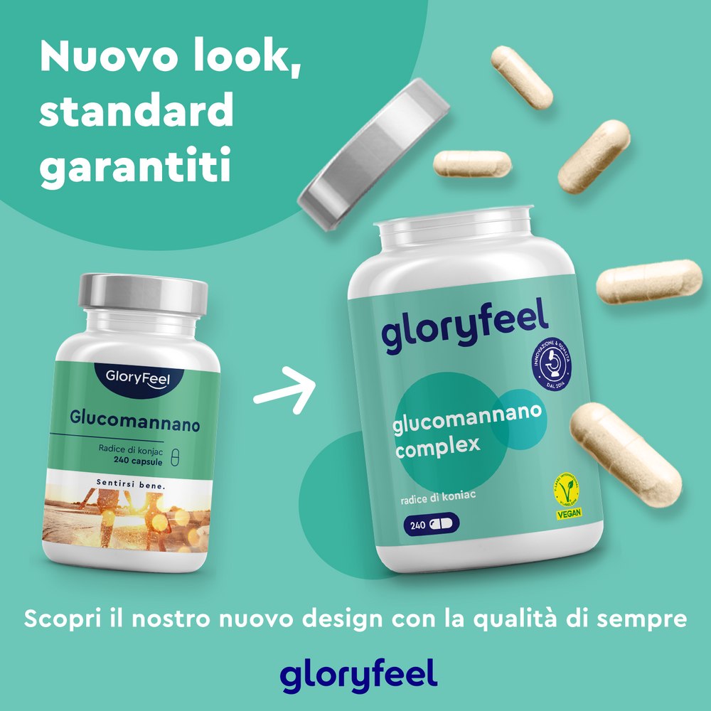 Due contenitori di Glucomannano in capsule: la versione precedente a sinistra e la nuova &quot;Glucomannano Complex&quot; arricchita con cromo di GloryFeel GmbH Italy a destra, con capsule sparse intorno.