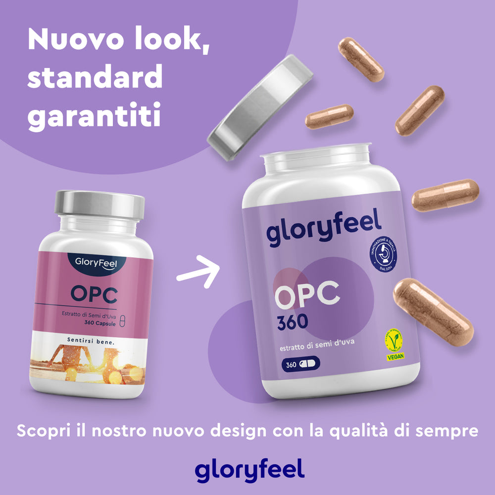 Due flaconi di integratori in capsule OPC 360 di GloryFeel GmbH Italia presentano un&