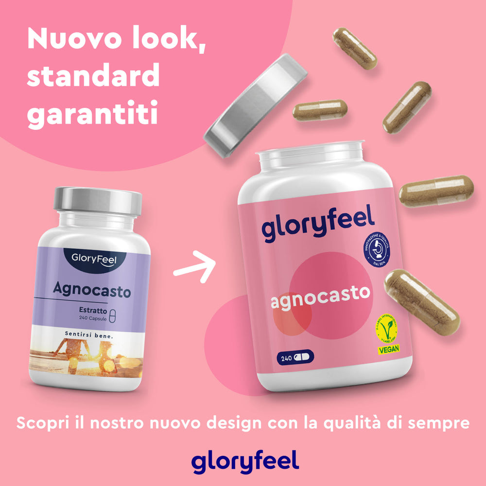 Si vedono due flaconi di integratori con capsule; quello a sinistra è più vecchio, mentre quello a destra presenta un vivace design rosa. Le etichette italiane sottolineano la dedizione di GloryFeel GmbH Italia alla qualità. Nome del prodotto: Agnocasto.
