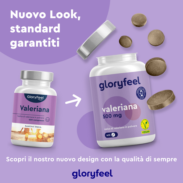 Due flaconi di Valeriana di GloryFeel GmbH Italia, con un nuovo design visibile sulla destra. Le pillole sono sparse in giro. Il testo in italiano spiega l&