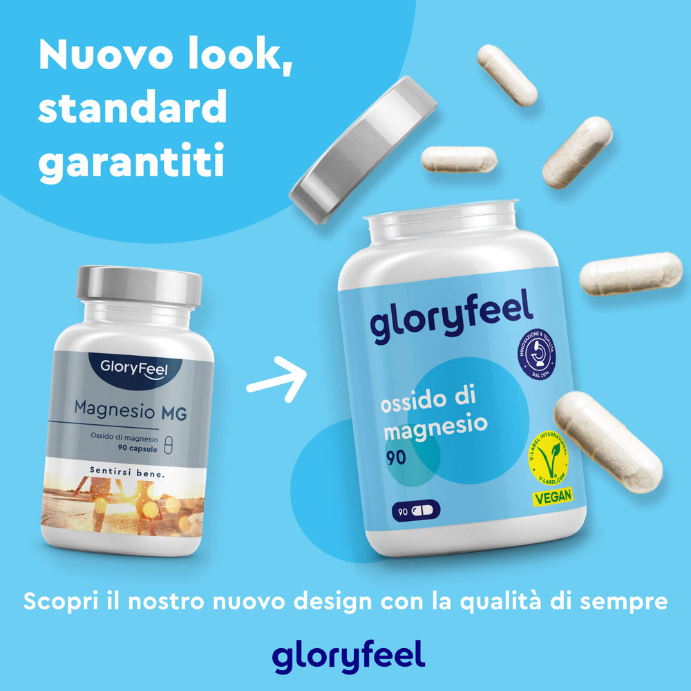 Due flaconi di capsule Magnesio Ossido 90 di gloryfeel Italia, con nuova confezione e qualità superiore, sono posizionati su uno sfondo blu. Arricchiti con ossido di magnesio, questi integratori naturali di magnesio promuovono benefici ottimali per la salute.
