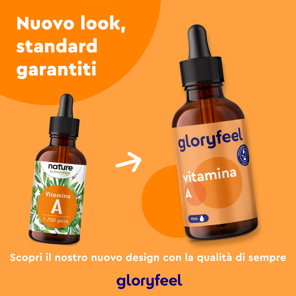 Sono esposte due bottiglie di Vitamina A in Gocce di GloryFeel GmbH Italy: il vecchio design a sinistra e il nuovo a destra. Il testo in italiano celebra l&