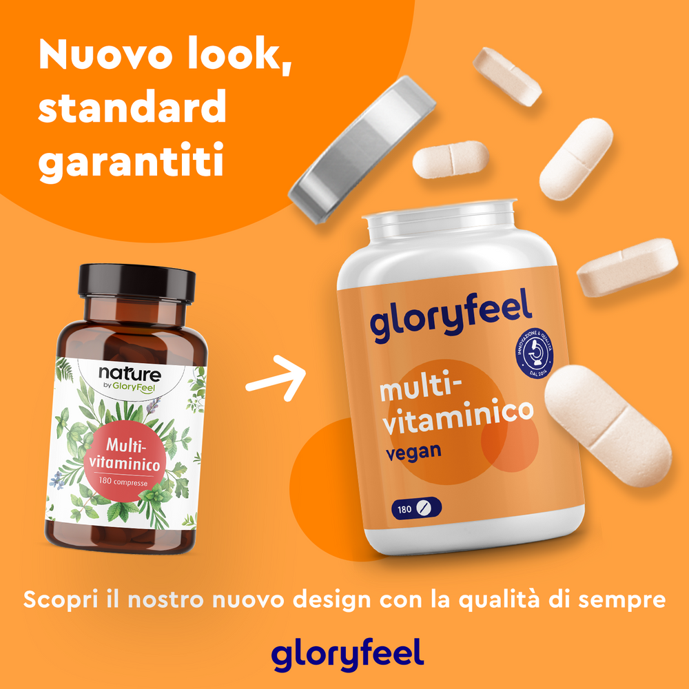 Due flaconi di multivitaminici, uno marrone di &quot;Nature by gloryfeel&quot; e uno arancione di &quot;GloryFeel GmbH Italy Multivitaminico in capsule&quot;, presentano pillole sparse e testo in italiano su un nuovo look e standard garantiti. Arricchiti con vitamine naturali, supportano il sistema immunitario.