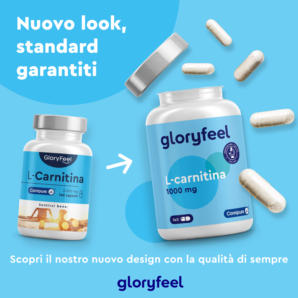 Due flaconi di L-Carnitina di GloryFeel GmbH Italy contengono la formula premium Carnipure. Il nuovo design presenta il testo in italiano, migliorandone l&