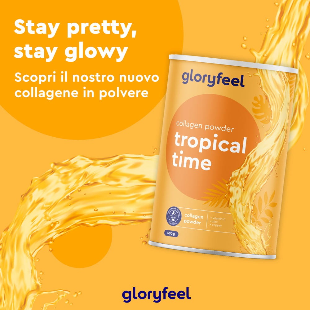 Pubblicità arancione e gialla per &quot;Collagene in polvere - Tropical Time&quot; di gloryfeel Italia con schizzi e bomboletta. Il testo in italiano e inglese evidenzia i benefici del prodotto.