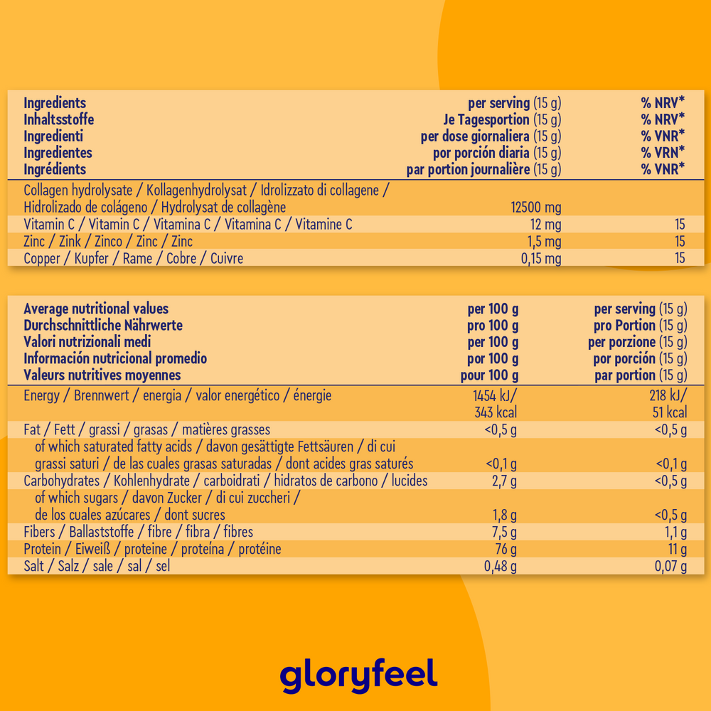 La tabella nutrizionale di Collagene in polvere - Tropical Time di gloryfeel Italia include dettagli multilingue su ingredienti, energia, grassi, carboidrati, proteine, sale e vitamine per porzione e 100 g.