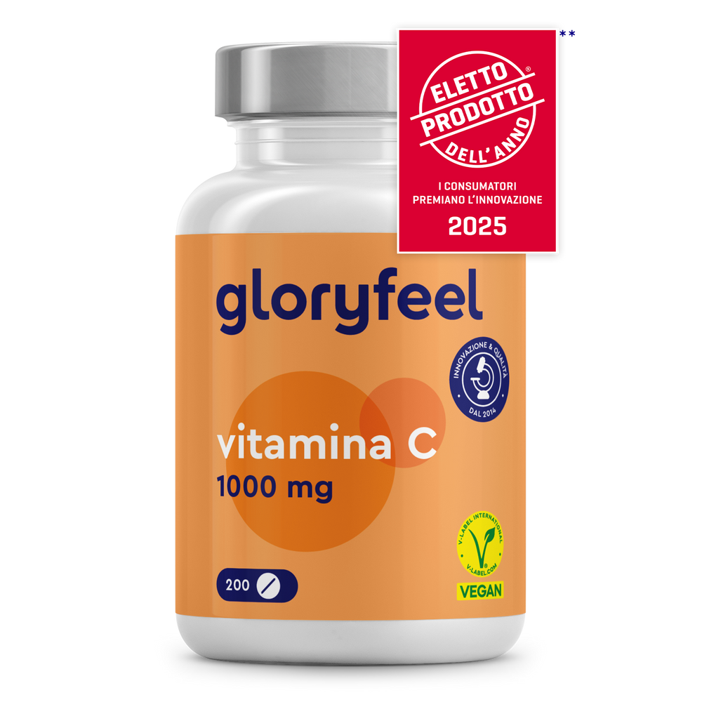Una bottiglia bianca con etichetta arancione di GloryFeel GmbH Italia, contenente 1.000 mg di Vitamina C per supportare il sistema immunitario.