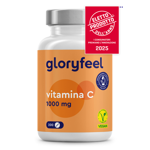 Una bottiglia bianca con etichetta arancione di GloryFeel GmbH Italia, contenente 1.000 mg di Vitamina C per supportare il sistema immunitario.