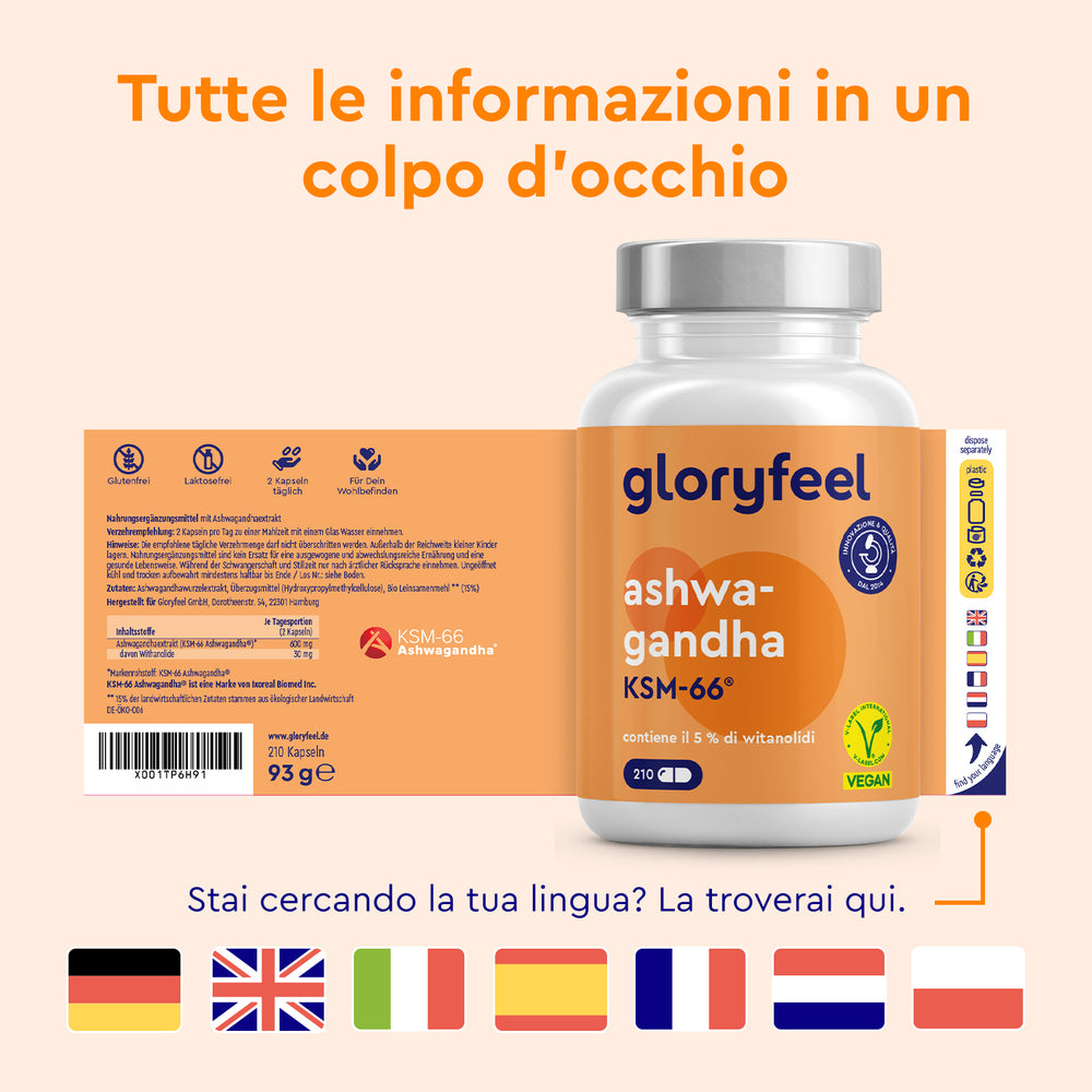 Ashwagandha KSM66 in capsule lingue etichetta
