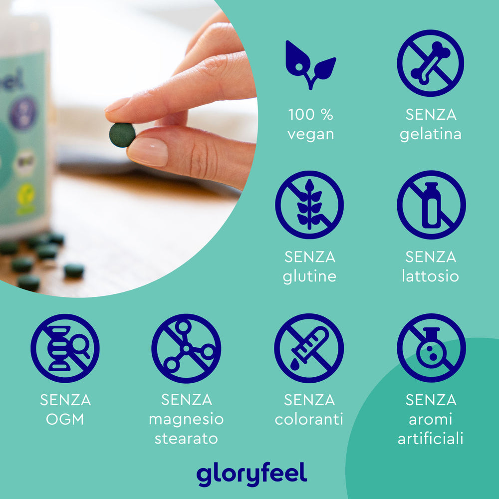 Una mano regge una pillola di Spirulina biologica con un flacone vicino, circondata da icone che ne illustrano le caratteristiche: 100% vegana, senza gelatina, glutine, lattosio, OGM, stearato di magnesio, coloranti e aromi artificiali. In basso è visibile il marchio &quot;GloryFeel GmbH Italia&quot;.