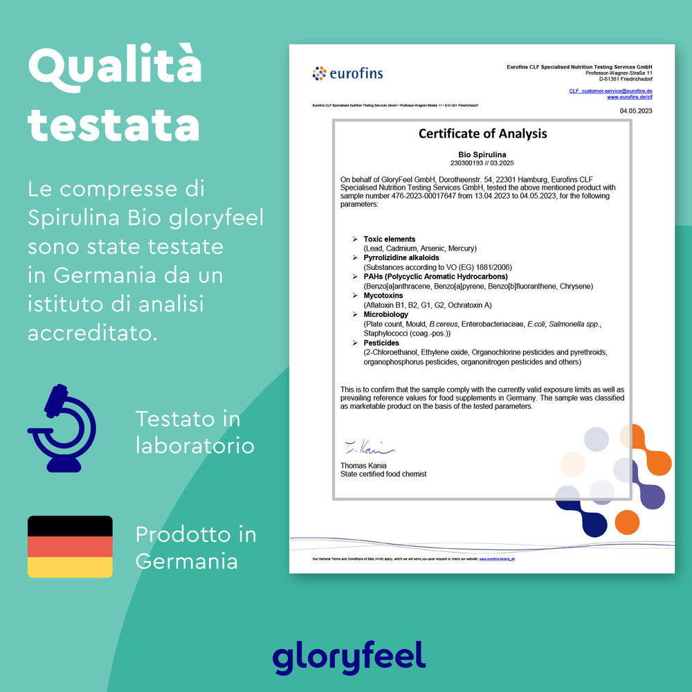 Certificato di analisi per la Spirulina biologica di GloryFeel GmbH Italia, testato da Eurofins, Germania. Le informazioni in italiano sono a sinistra, con le icone del laboratorio e del prodotto, e il logo GloryFeel in evidenza in basso.